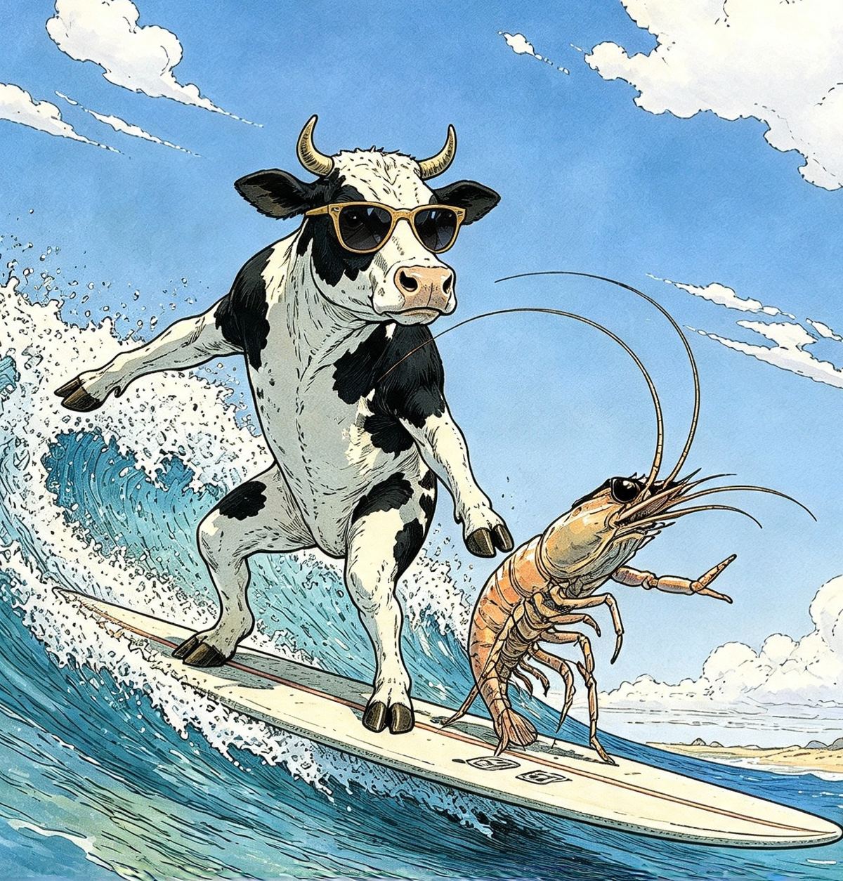 Turf the heifer and Surf the prawn, both in shades, riding a surfboard down a wave